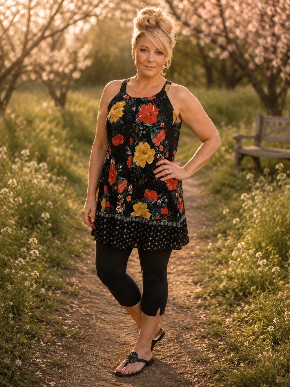 torrid Black Floral Halter Tunic with Red and Yellow Blooms